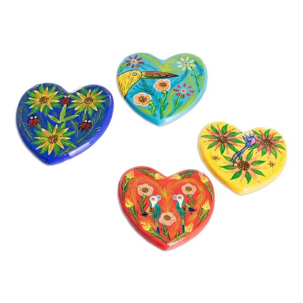 Alternate image for 4 Heart-Shaped Ceramic Magnets with Hand-Painted Motifs Hearts