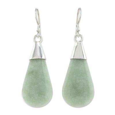 Alternate image for Pale Green Jade and Sterling Silver Teardrop Dangle Earrings Subtle Dewdrops