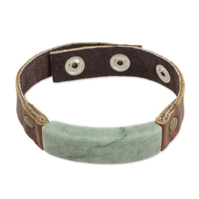 Alternate image for Mens Leather Wristband Bracelet with Light Green Jade Light Green Maya Fortress