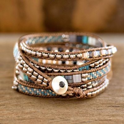 Alternate image for Turquoise and Beige Guatemalan Glass Beaded Wrap Bracelet Beachcomber