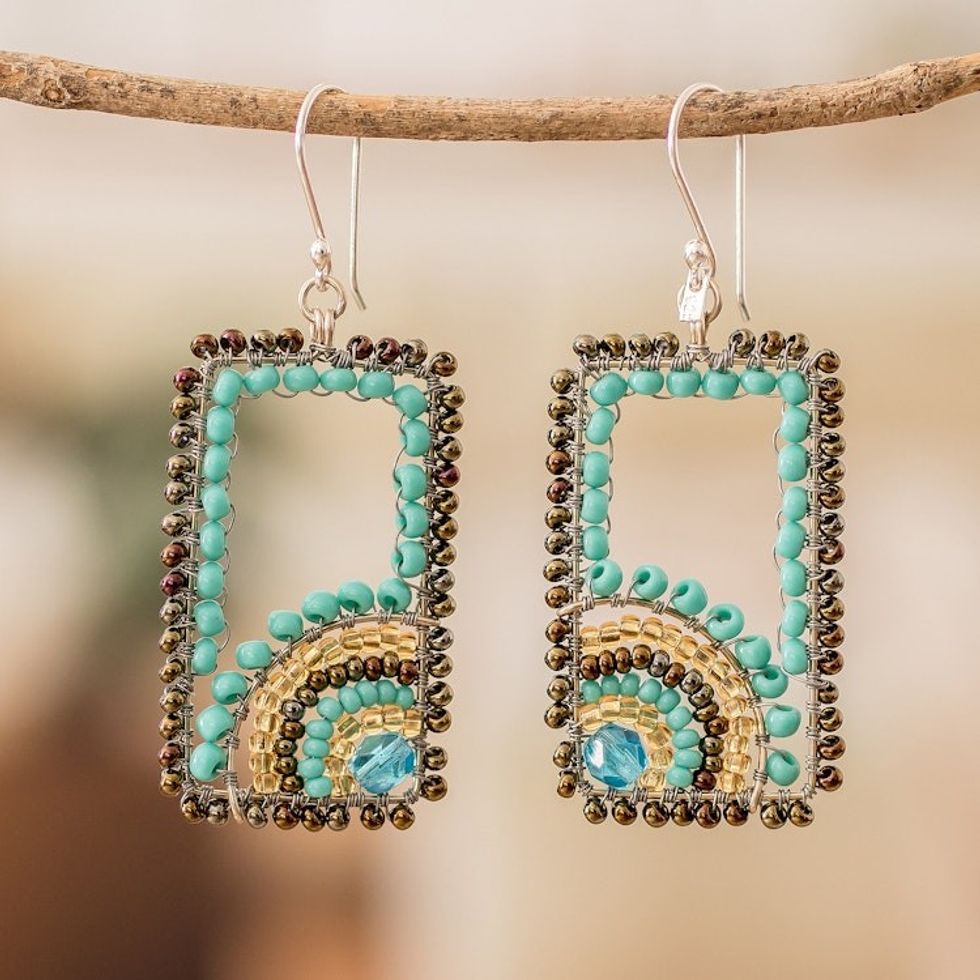 Rectangular Turquoise and Golden Beaded Dangle Earrings 'Aqua Portals'