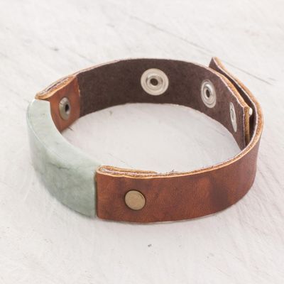 Alternate image for Mens Leather Wristband Bracelet with Light Green Jade Light Green Maya Fortress
