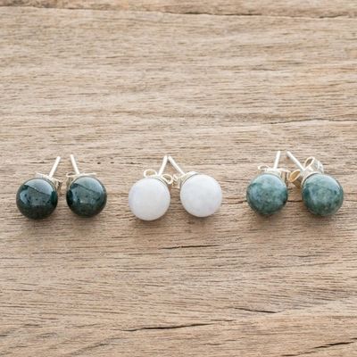 Alternate image for Handmade Sterling Silver Jade Stud Earrings Set of 3 Maya Moons