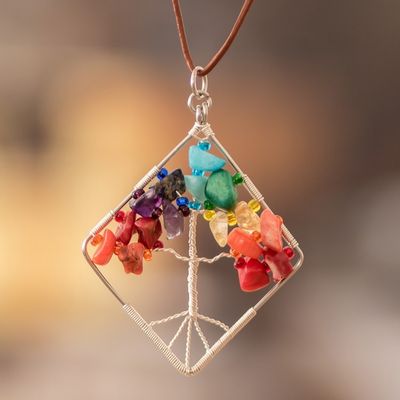 Alternate image for Diamond-Shaped Tree-Themed Multi-Gemstone Pendant Necklace Natures Rainbow Diamond