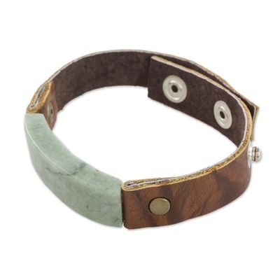 Alternate image for Mens Leather Wristband Bracelet with Light Green Jade Light Green Maya Fortress