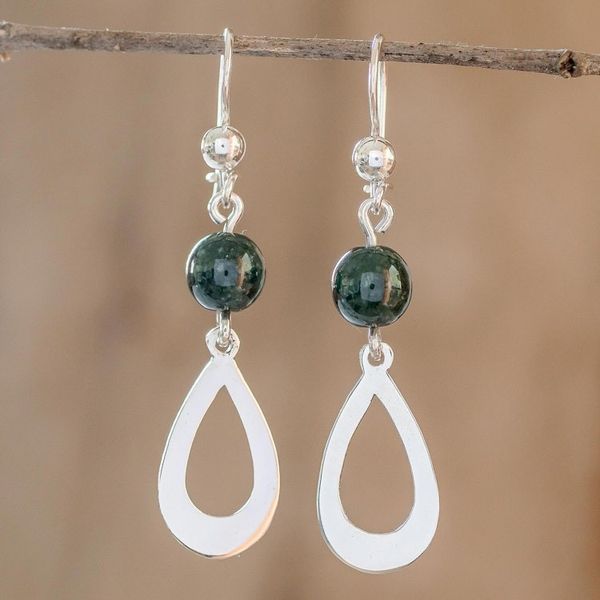 Alternate image for Dark Green Jade and Sterling Silver Dangle Earrings Subtlety in Dark Green
