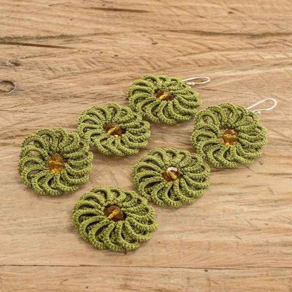 Alternate image for Guatemalan Hand-Tatted Floral Dangle Earrings in Green Green Paradise