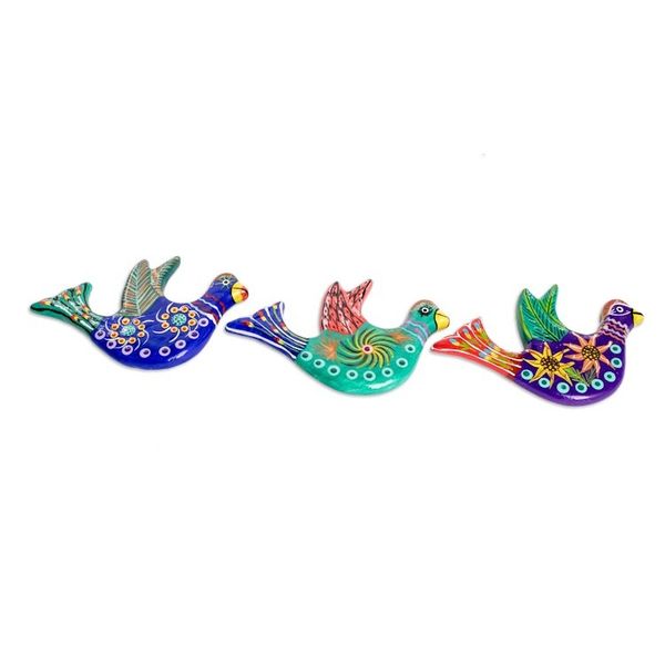 Alternate image for 3 Dove Ceramic Magnets with Hand-Painted Floral Accents Cheerful Doves