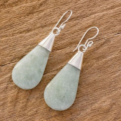 Alternate image for Pale Green Jade and Sterling Silver Teardrop Dangle Earrings Subtle Dewdrops