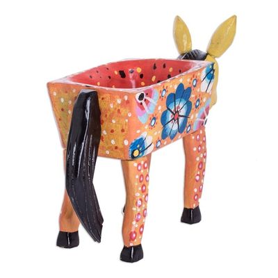 Alternate image for Handmade and Hand-painted Pine Wood Decorative Bowl Horse with Flowers