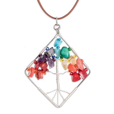 Alternate image for Diamond-Shaped Tree-Themed Multi-Gemstone Pendant Necklace Natures Rainbow Diamond