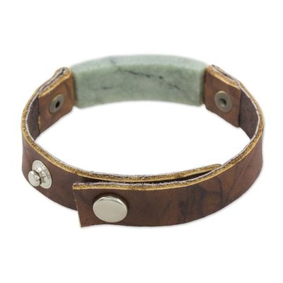 Alternate image for Mens Leather Wristband Bracelet with Light Green Jade Light Green Maya Fortress