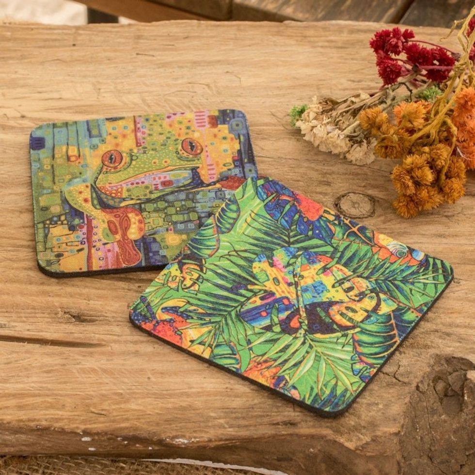 Set of 2 Rubber Coasters with Leafy and Frog Prints 'Tropical Experiences'