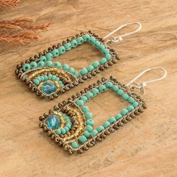 Alternate image for Rectangular Turquoise and Golden Beaded Dangle Earrings Aqua Portals