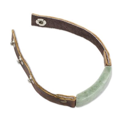Alternate image for Mens Leather Wristband Bracelet with Light Green Jade Light Green Maya Fortress