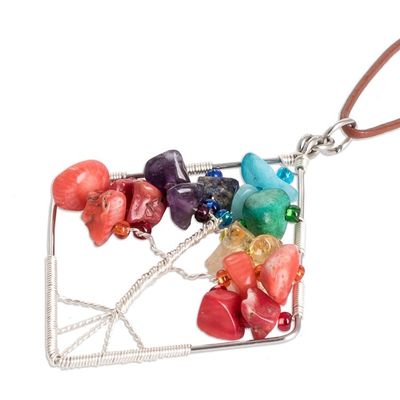 Alternate image for Diamond-Shaped Tree-Themed Multi-Gemstone Pendant Necklace Natures Rainbow Diamond
