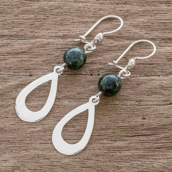 Alternate image for Dark Green Jade and Sterling Silver Dangle Earrings Subtlety in Dark Green