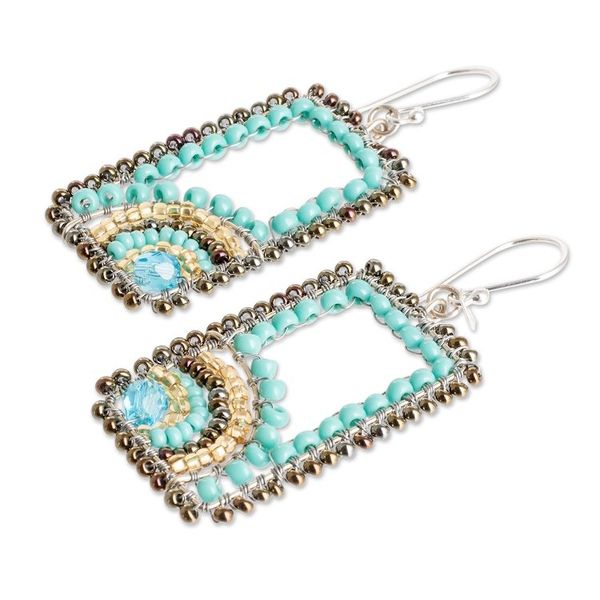 Alternate image for Rectangular Turquoise and Golden Beaded Dangle Earrings Aqua Portals