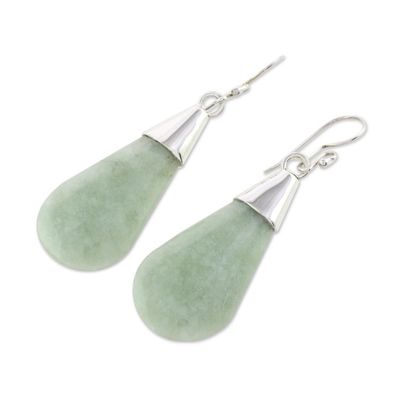 Alternate image for Pale Green Jade and Sterling Silver Teardrop Dangle Earrings Subtle Dewdrops