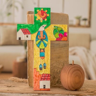 Alternate image for Hand-Painted Classic Folk Art Pinewood and Aluminum Cross Peace for the Planet