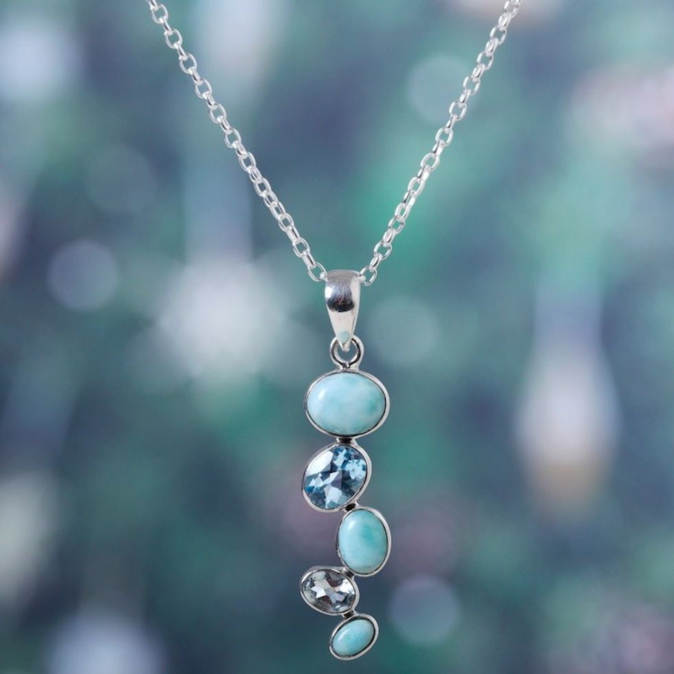 Two-Carat Larimar and Faceted Blue Topaz Pendant Necklace 'Blue Pinnacle'