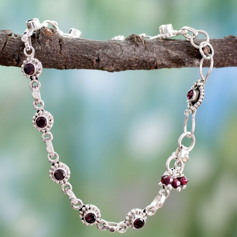 Indian Ankle Jewelry with Garnet and Sterling Silver 'Scarlet Sun Blossoms'