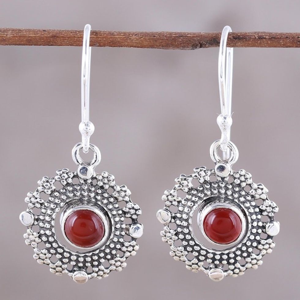 Carnelian and Silver Bubbly Dangle Earrings from India 'Bubbly Red Moons'