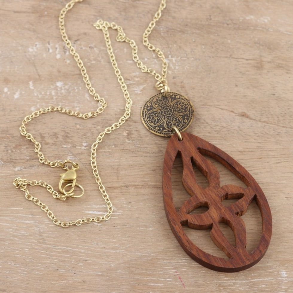 Acacia Wood and Brass Pendant Necklace from India 'Majestic Drop'