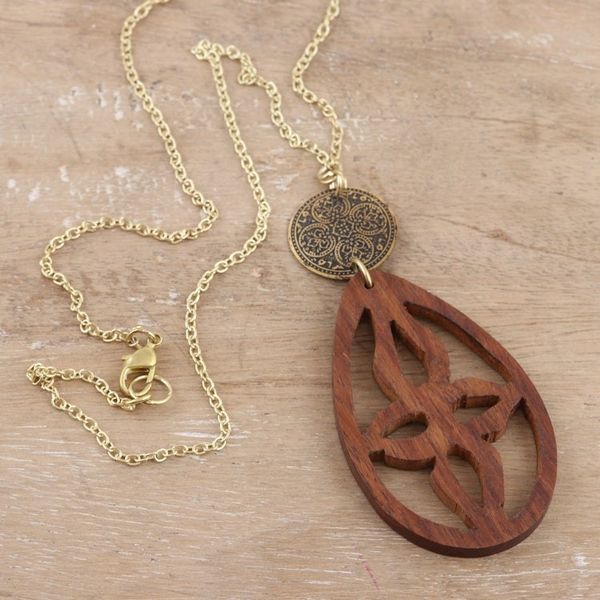 Alternate image for Acacia Wood and Brass Pendant Necklace from India Majestic Drop
