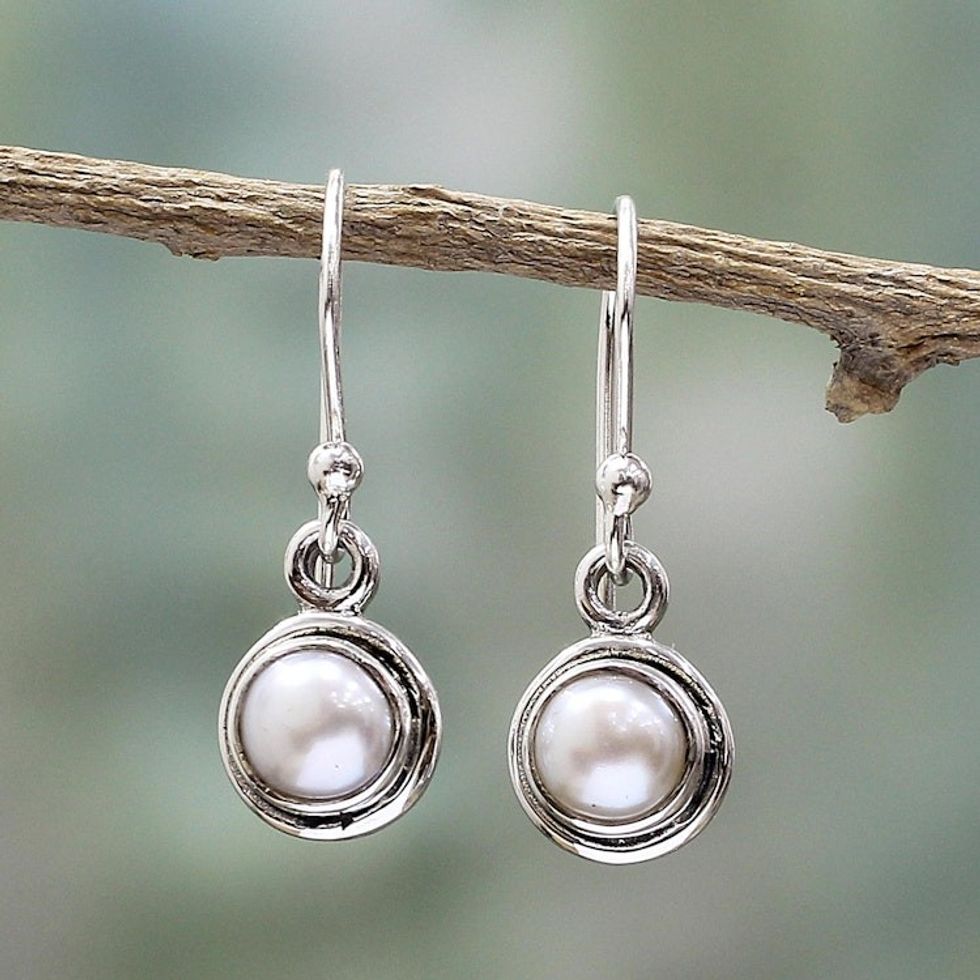 Sterling Silver Cultured Pearl Dangle Earrings from India 'Purest Love'