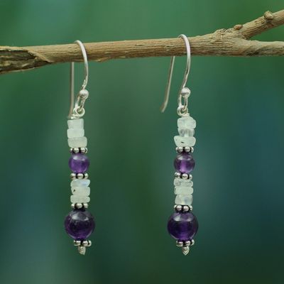 Alternate image for Amethyst and Rainbow Moonstone Dangle Earrings Morning Clouds