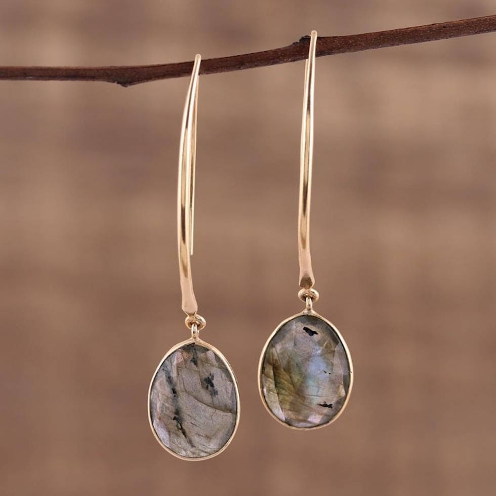 15 Carat Labradorite Dangle Earrings in 18k Gold Plate 'Aurora Drops'