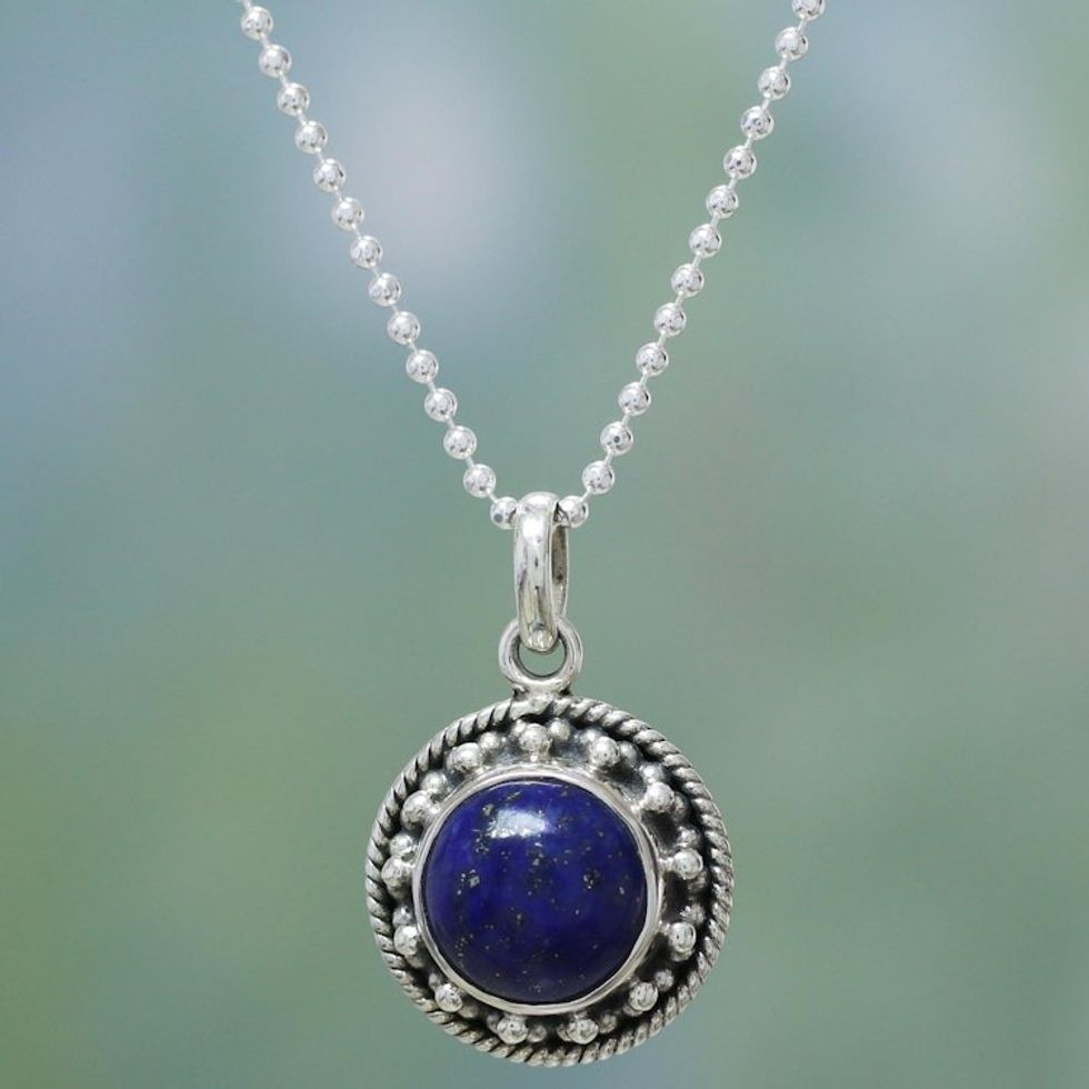 Artisan Handmade Lapis Lazuli Sterling Silver Necklace 'Lavish Moon'