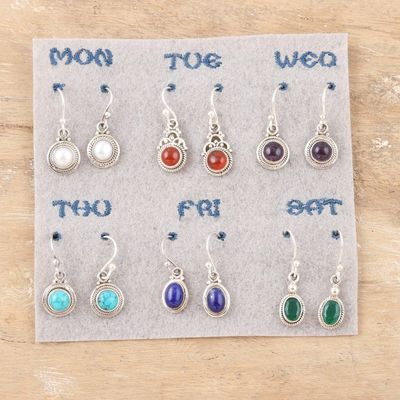 Alternate image for Set of 6 Polished Sterling Silver Gemstone Dangle Earrings Daily Jewels