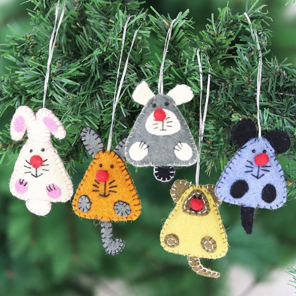 Set of 5 Mouse Rabbit Wool Felt Holiday Ornaments 'Mischievous Mice'