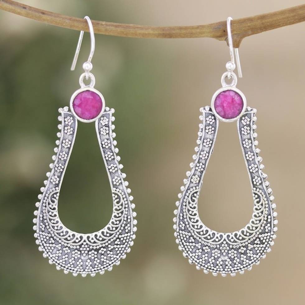 Ruby Dangle Earrings Crafted from Sterling Silver in India 'Ties of Love'
