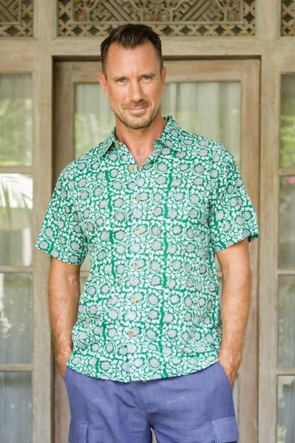 Men's Button-Up Cotton Shirt from India 'Aqua Lotus'