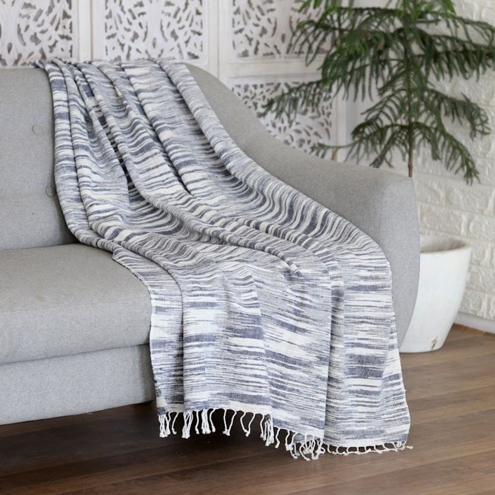 White and Blue Cotton Throw Blanket Hand-Woven in India 'Blue Heaven'