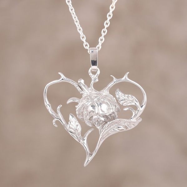 Alternate image for Sterling Silver Heart and Floral Design Necklace from India Flower in the Heart
