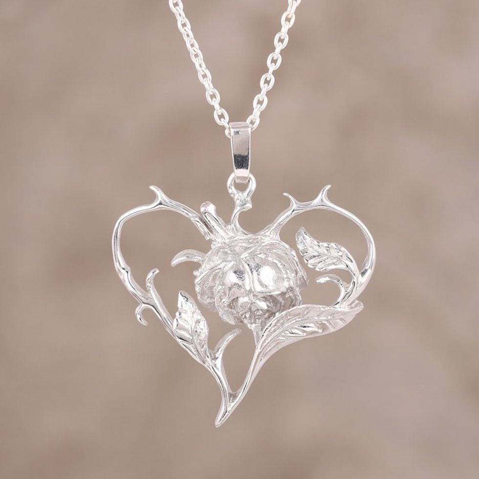 Sterling Silver Heart and Floral Design Necklace from India 'Flower in the Heart'