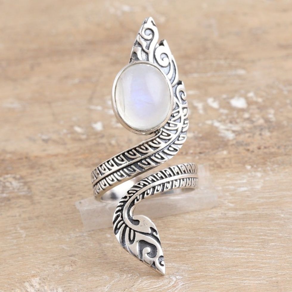 Rainbow Moonstone Wrap Ring with Sterling Silver Leaf Motifs 'Ethereal Perfection'