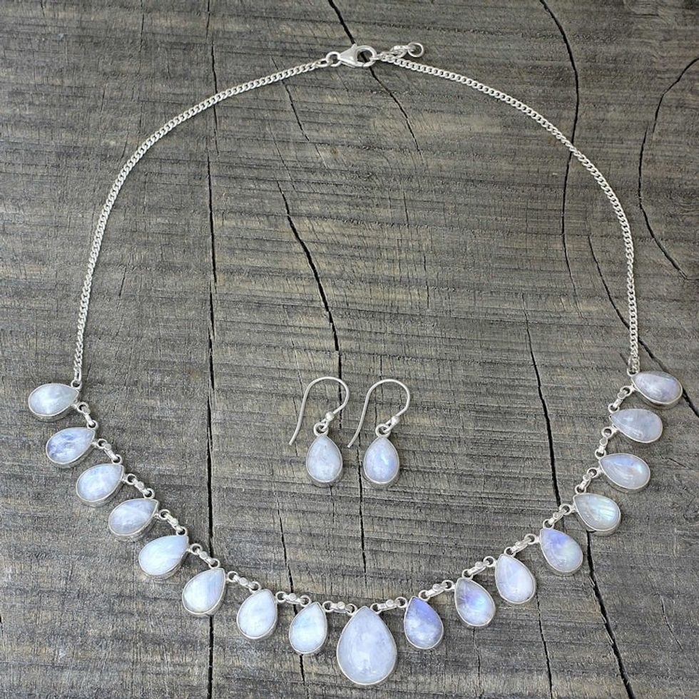 Rainbow Moonstone Jewelry Set Necklace and Earrings 'Lovely Morning'