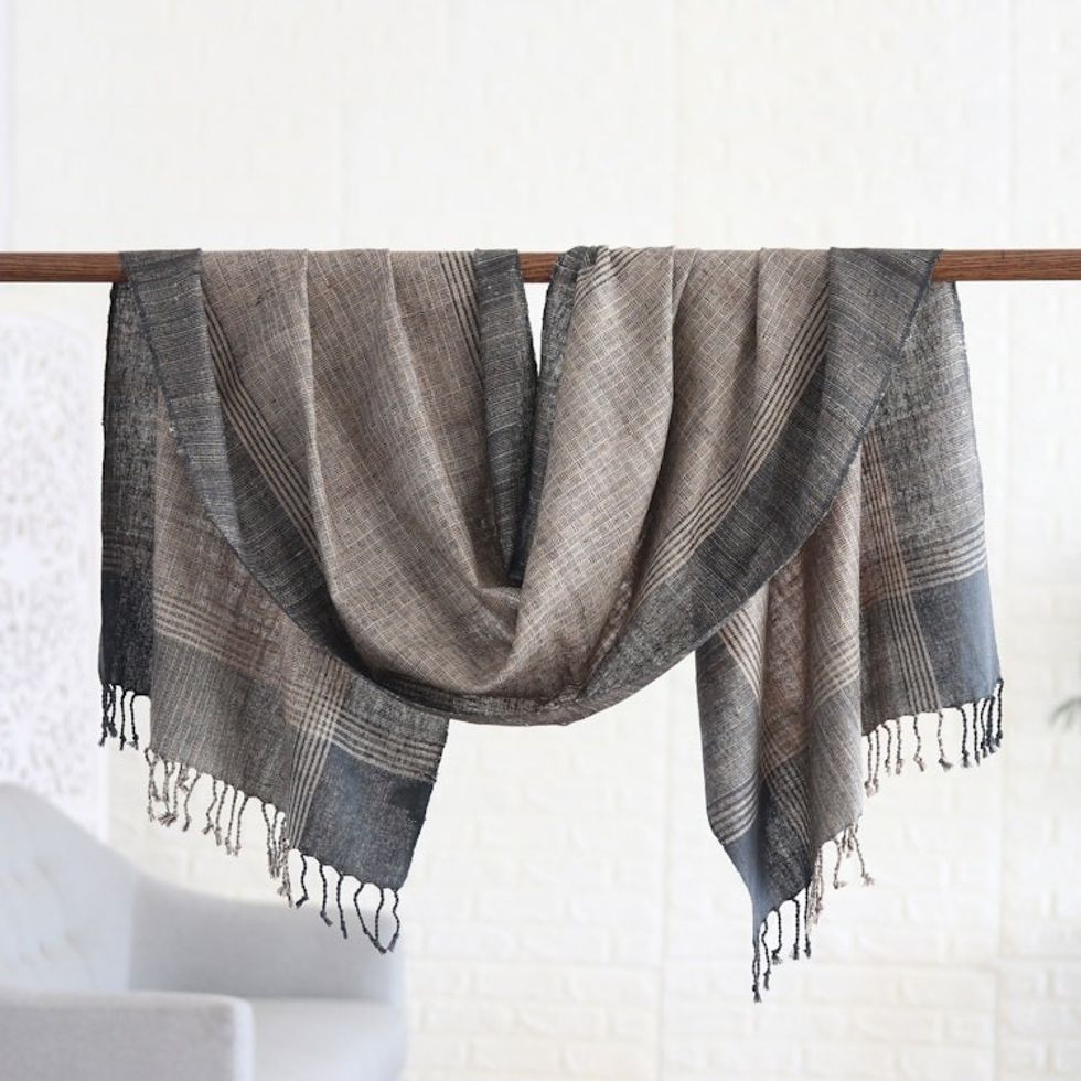 Patterned Grey Shawl Hand-woven from 100 Silk in India 'Midnight Noir'