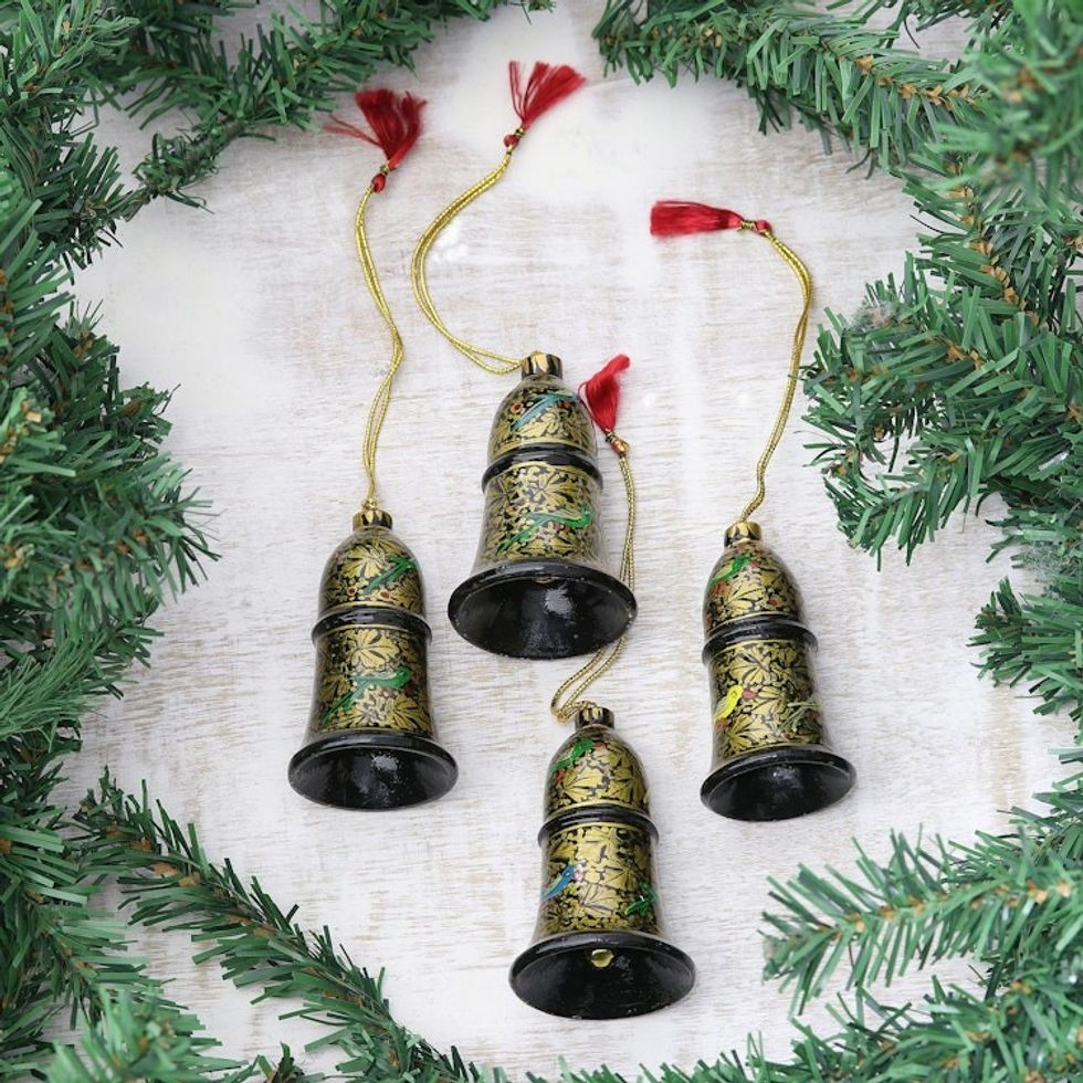 Floral Papier Mache Bell Ornaments from India Set of 4 'Midnight Song'