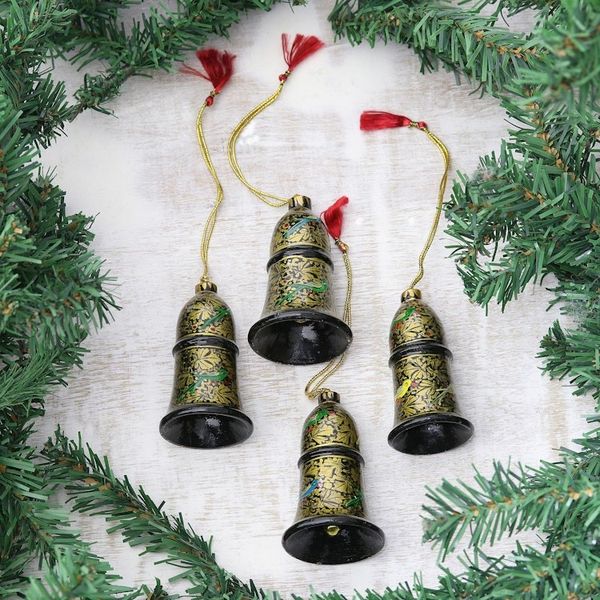 Alternate image for Floral Papier Mache Bell Ornaments from India Set of 4 Midnight Song
