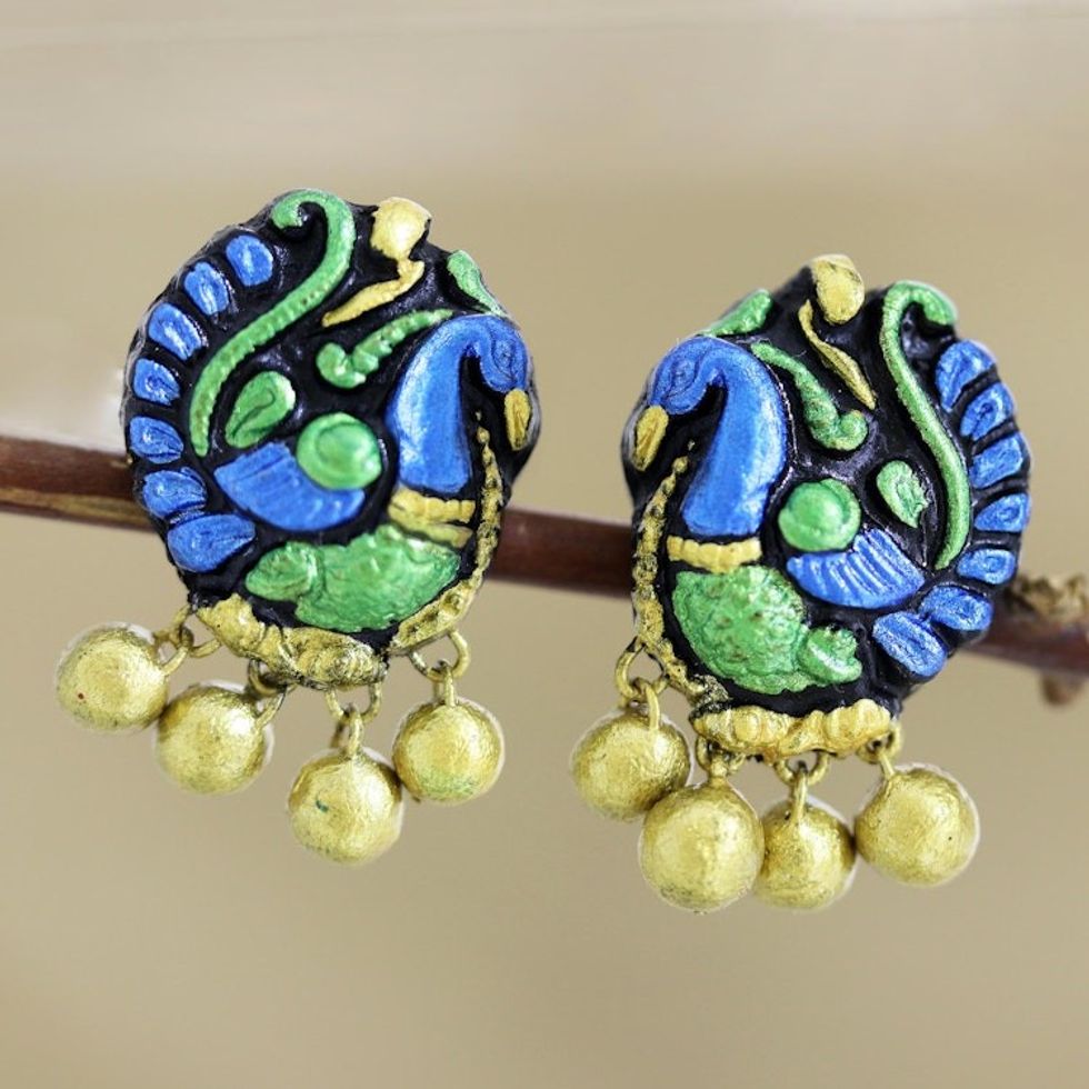 Hand Painted Ceramic Peacock Drop Earrings 'Preening Peacock'
