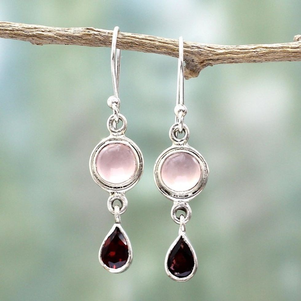 Garnet and Chalcedony Dangle Earrings from India 'Crimson Droplets'