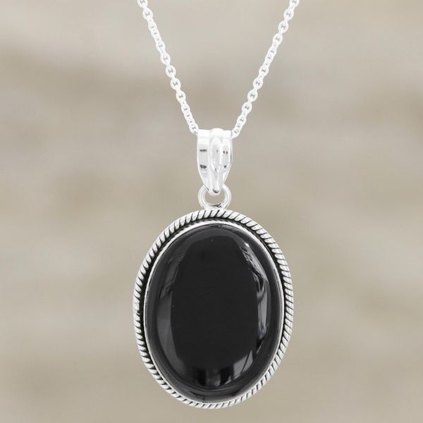 Alternate image for Black Onyx Cabochon Pendant Necklace Mysterious Night