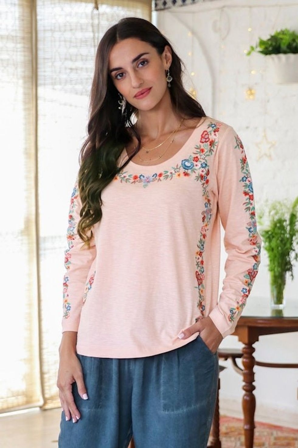 Embroidered Cotton Long-Sleeved T-Shirt 'Floral Ode in Petal Pink'