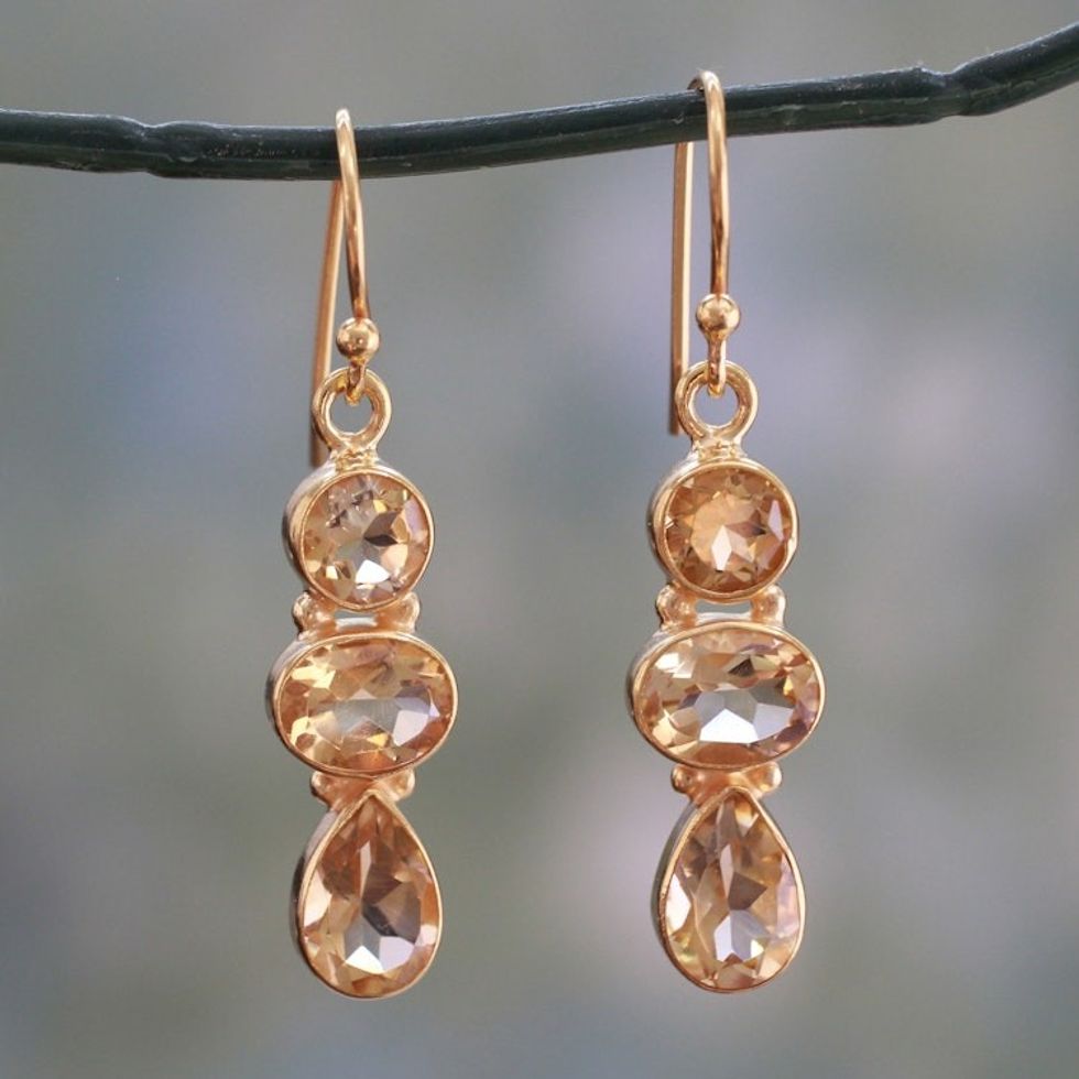 22k Gold Plated Dangle Earrings with Citrine Gems 'Golden Dazzle'